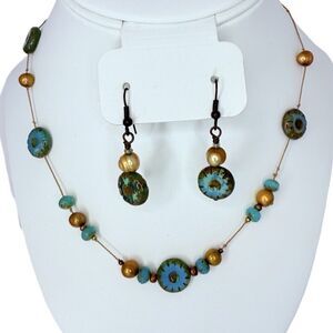 Blue & Gold Glass Beaded Pearl Necklace Jewelry Set 17" Earrings Artesian Signed